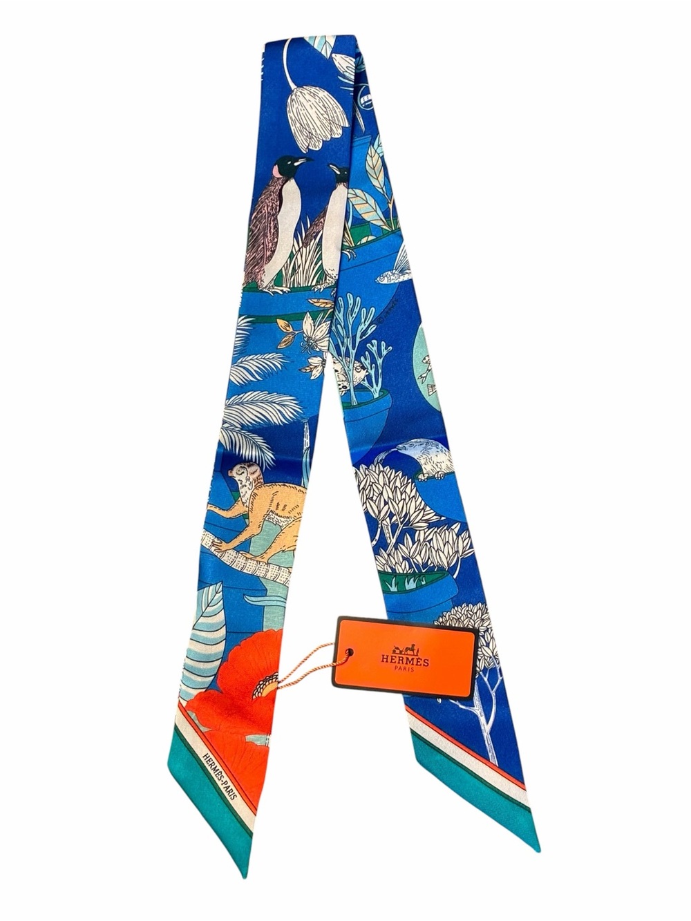 Precious Paradise Twilly Scarf Blue Multi Birds Monkey Floral 100% Silk